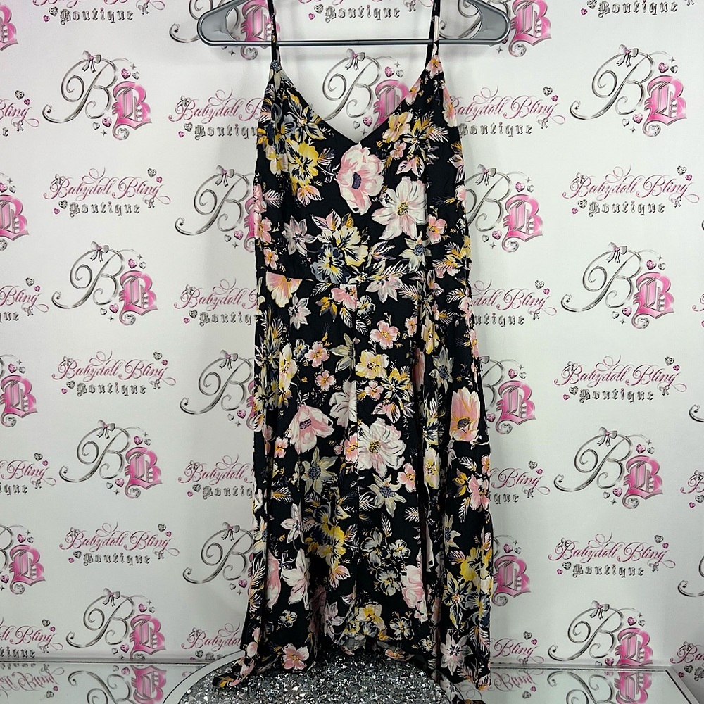 GAP dress flowy flowers Black and Pink yellow white Floral Dress smocked
